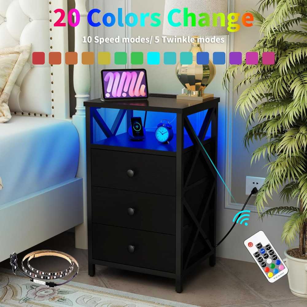 LED Nightstand and Tall Dresser w/ Built-in Charging Station and USB Ports for a Modern Touch