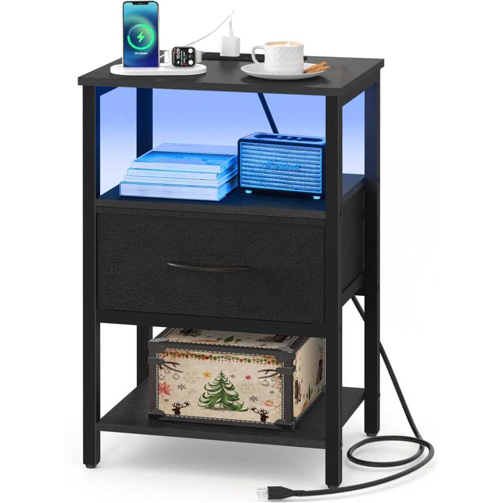 Nightstand w/ LED, Charging Station, and Adjustable Storage Drawer