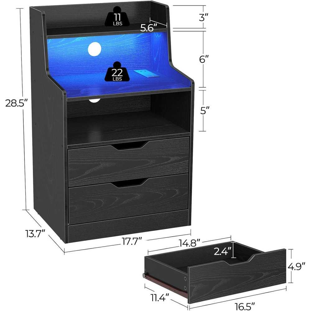 Nightstand - Modern Storage Solution w/ Built-in Charging Station and LED Lights