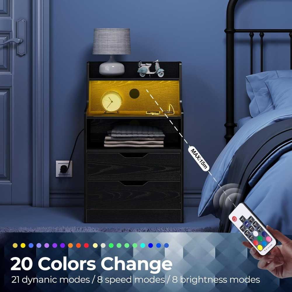 Nightstand - Modern Storage Solution w/ Built-in Charging Station and LED Lights