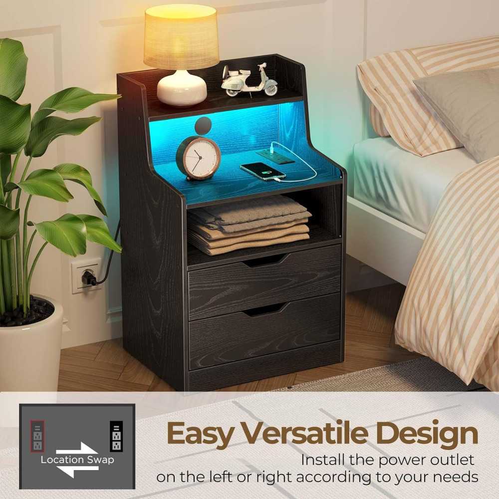 Nightstand - Modern Storage Solution w/ Built-in Charging Station and LED Lights