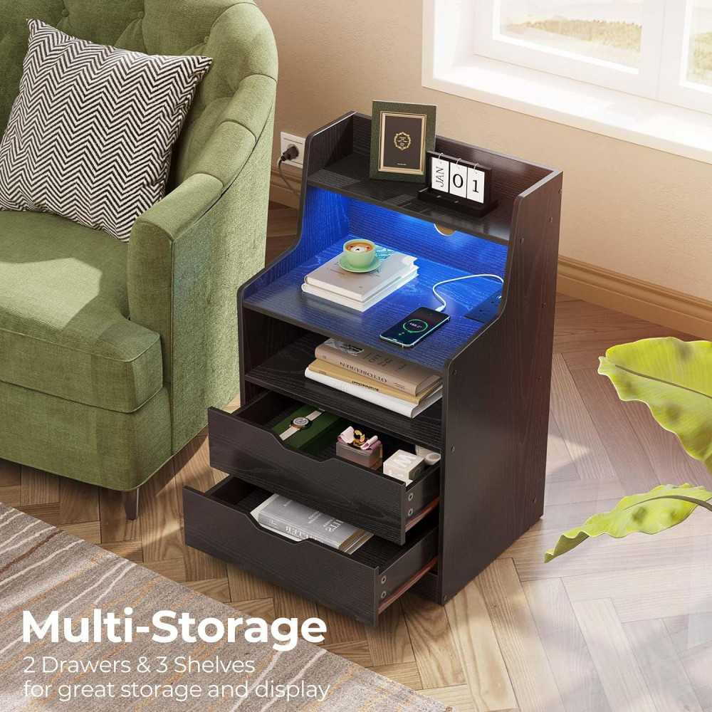 Nightstand - Modern Storage Solution w/ Built-in Charging Station and LED Lights