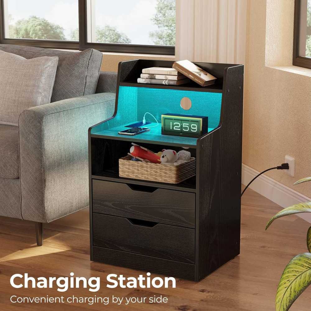 Nightstand - Modern Storage Solution w/ Built-in Charging Station and LED Lights