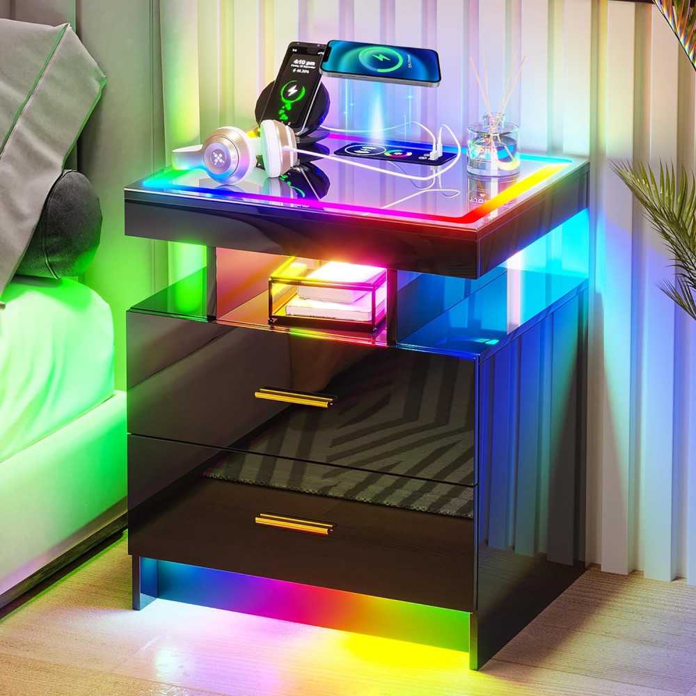 Bed Frame with Headboard, LED Lights, Storage Drawers, and Charging Station