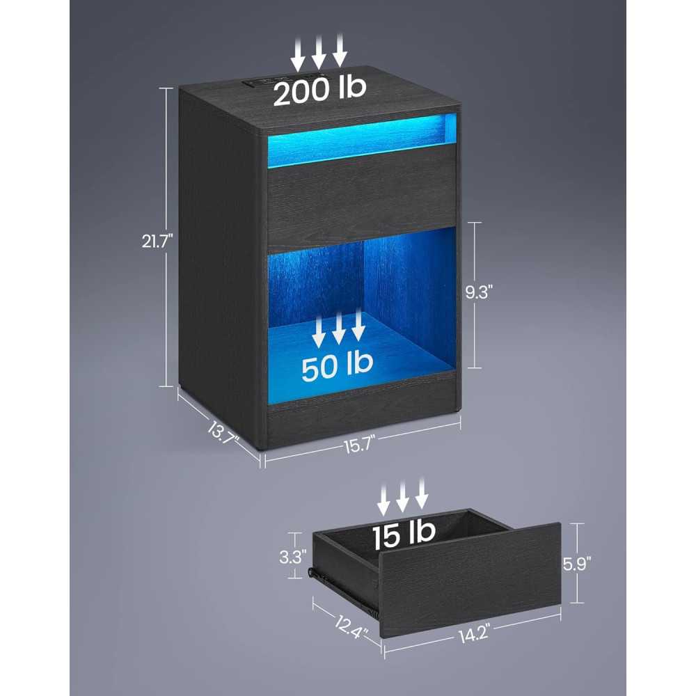 Modern Nightstand w/ Integrated Charging Station and Adjustable LED Lights