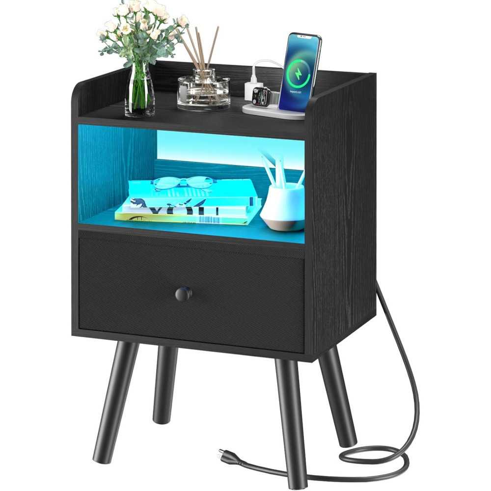 LED Nightstand w/ USB Charging Station and Fabric-Wood Drawer for Small Spaces