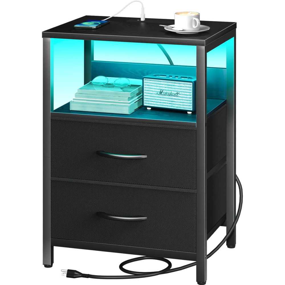 Nightstand - Modern Storage Solution w/ Built-in Charging Station and LED Lights