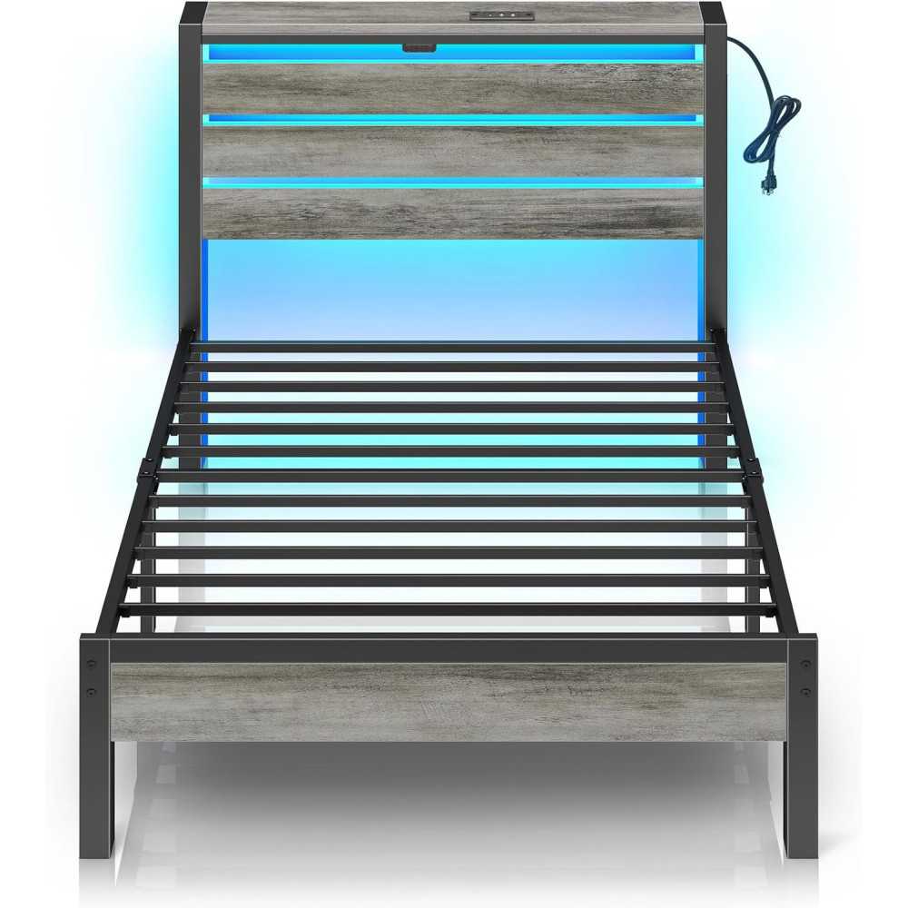 Bed Frame w/ Built-in USB Charging, LED Lighting, and Wood Storage Headboard