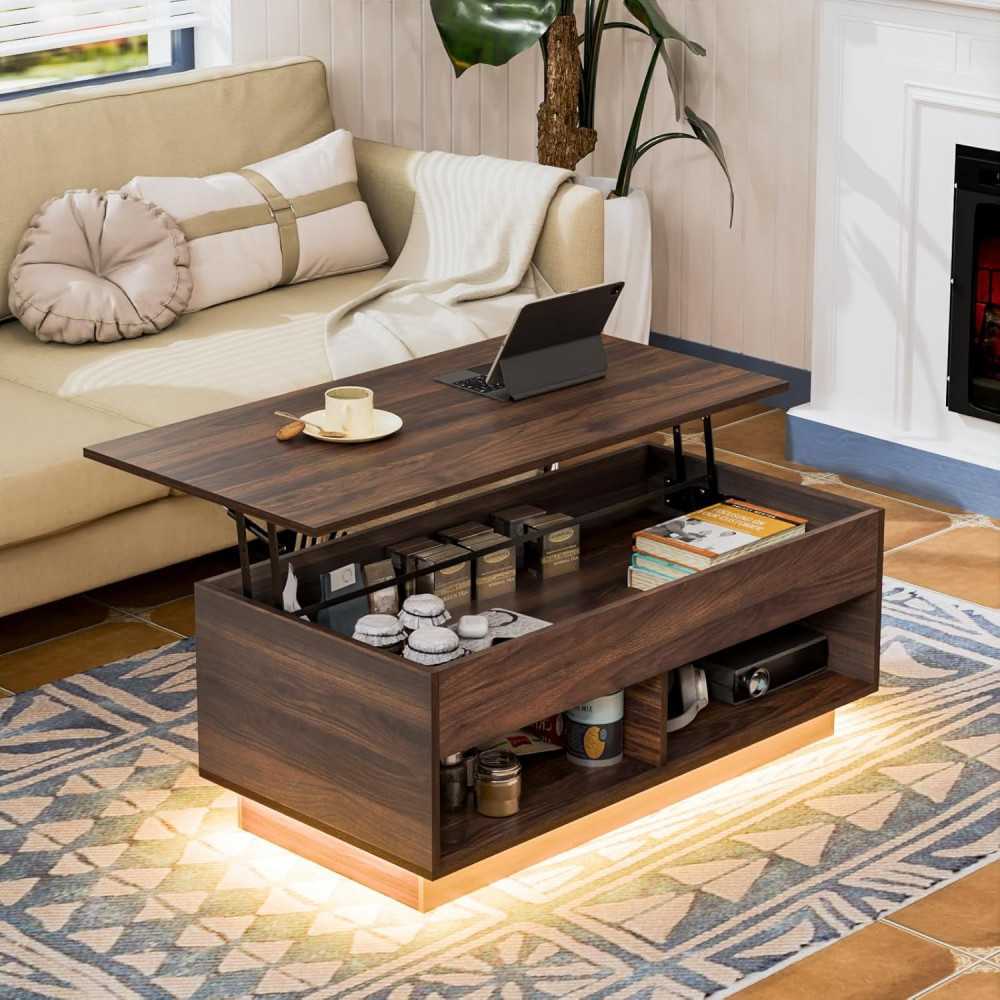 Dark Walnut Coffee Table w/ Hidden Storage and LED Lights