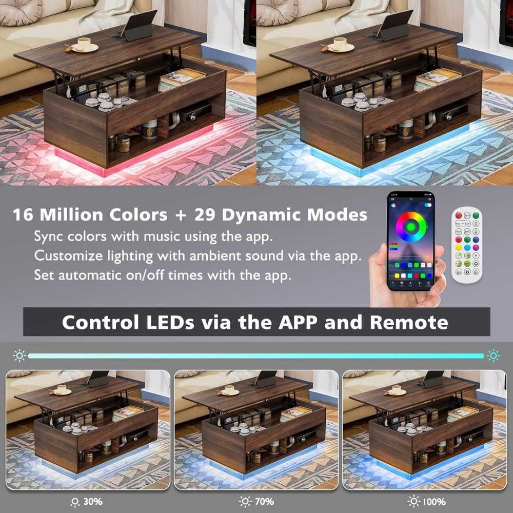 Dark Walnut Coffee Table w/ Hidden Storage and LED Lights