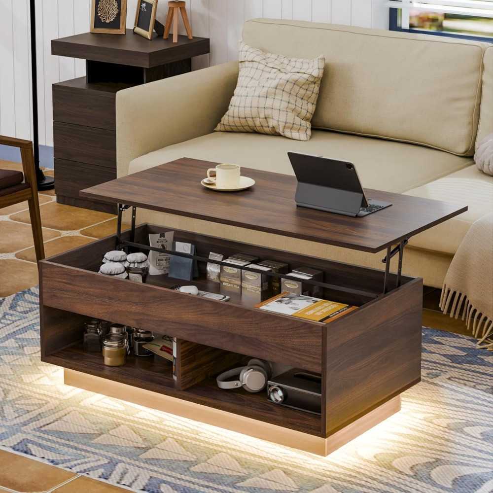 Dark Walnut Coffee Table w/ Hidden Storage and LED Lights