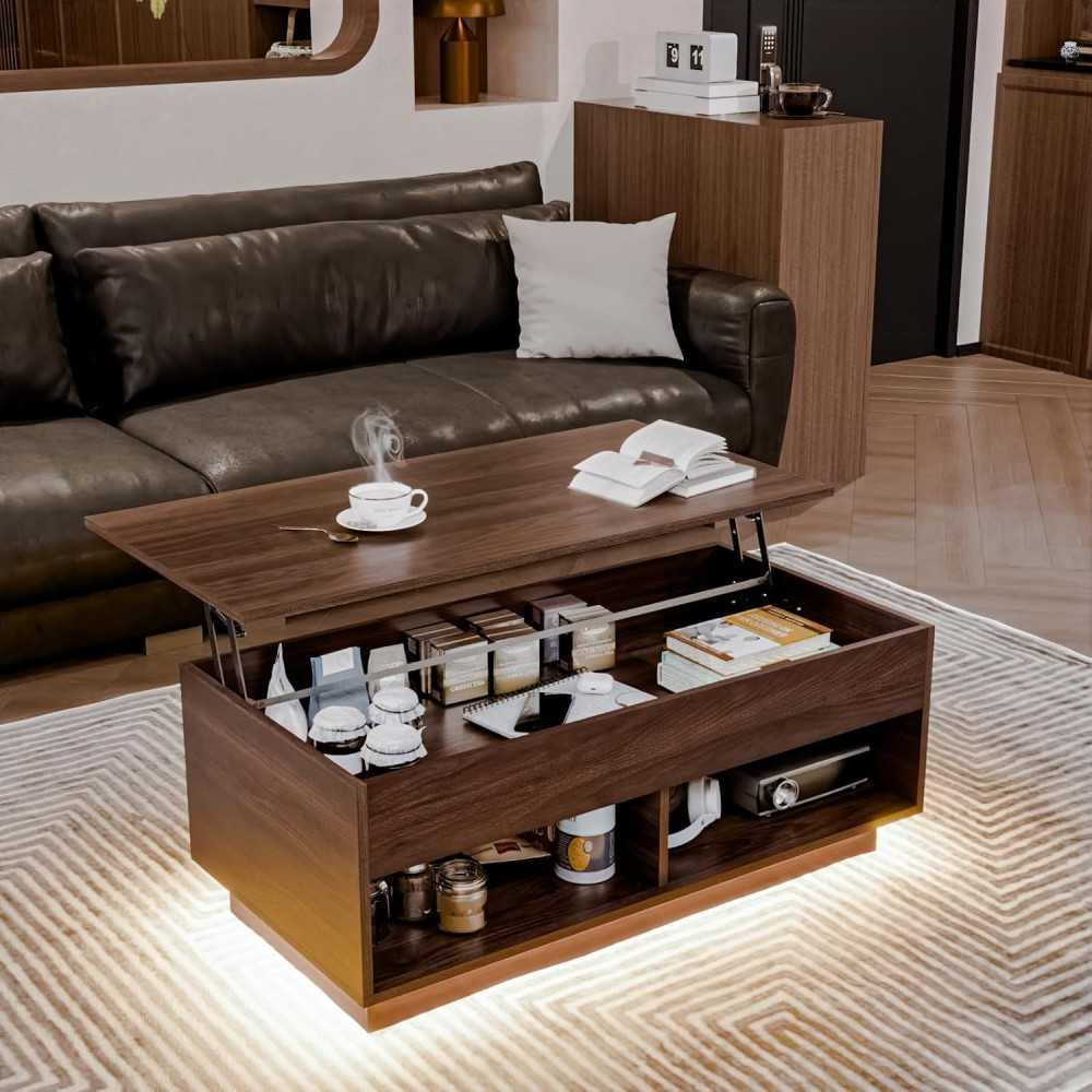 Dark Walnut Coffee Table w/ Hidden Storage and LED Lights