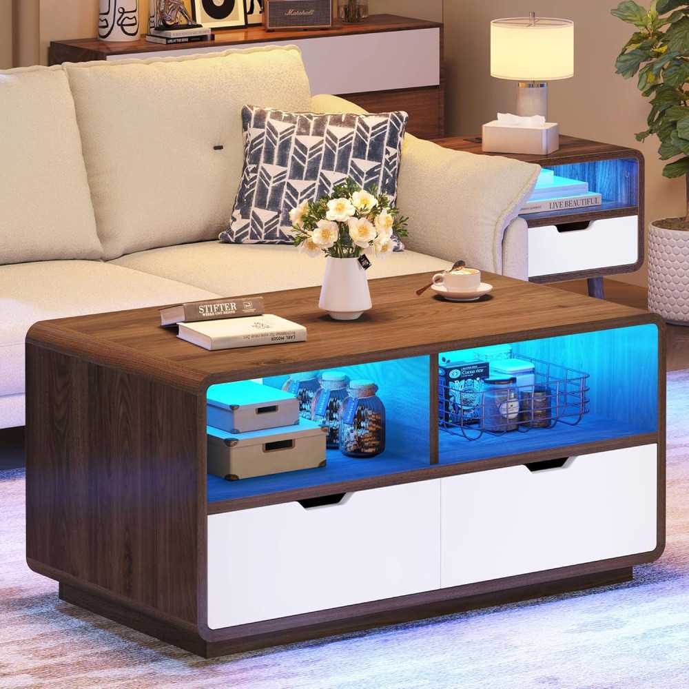 LED Nightstand w/ USB Charging Station and Fabric-Wood Drawer for Small Spaces