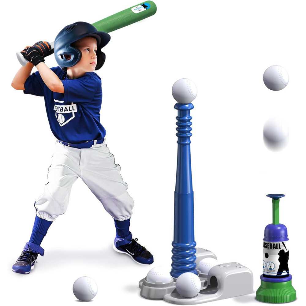 2-in-1 Tee Ball Set for Toddlers w/ Automatic Pitching Machine and Adjustable Bat