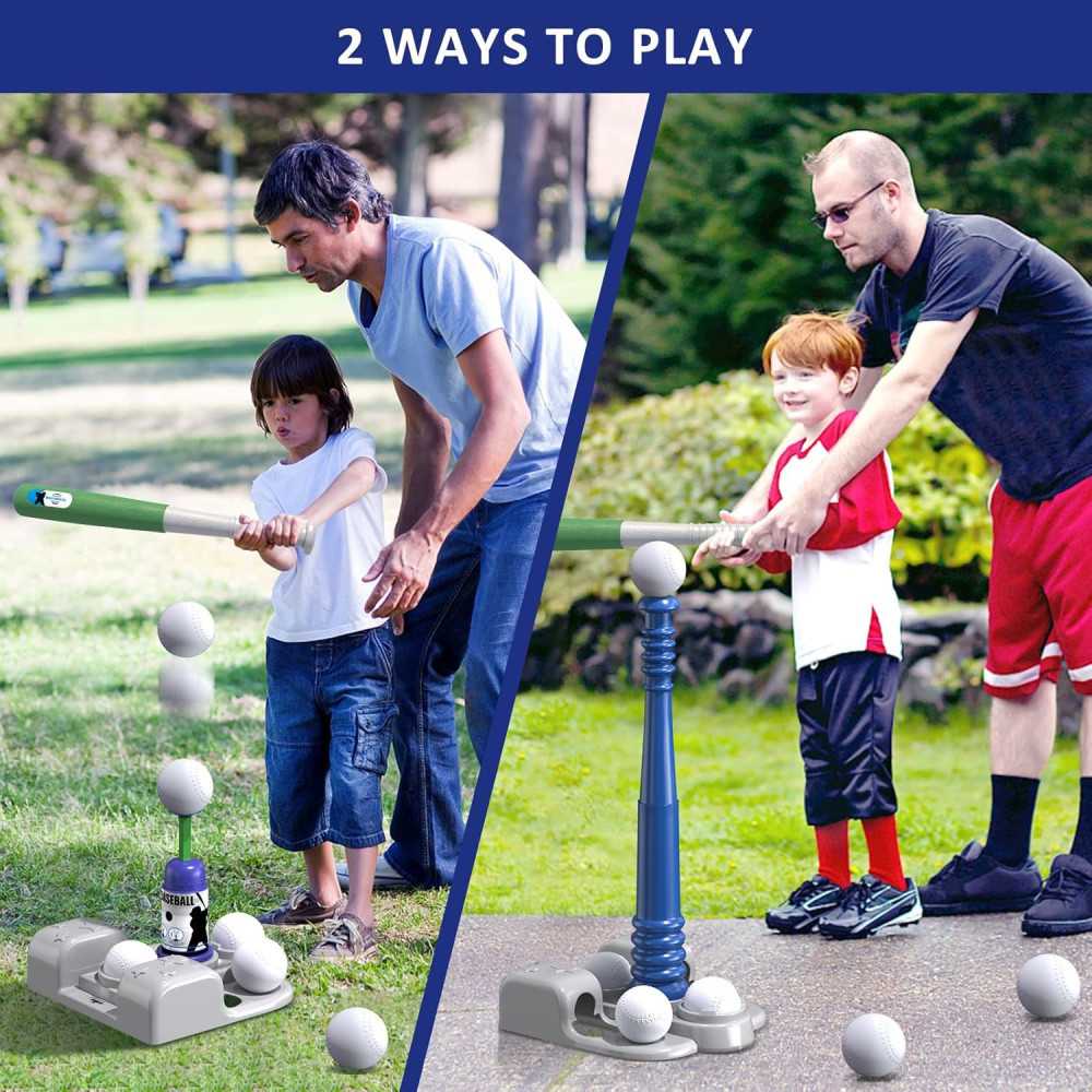 2-in-1 Tee Ball Set for Toddlers w/ Automatic Pitching Machine and Adjustable Bat