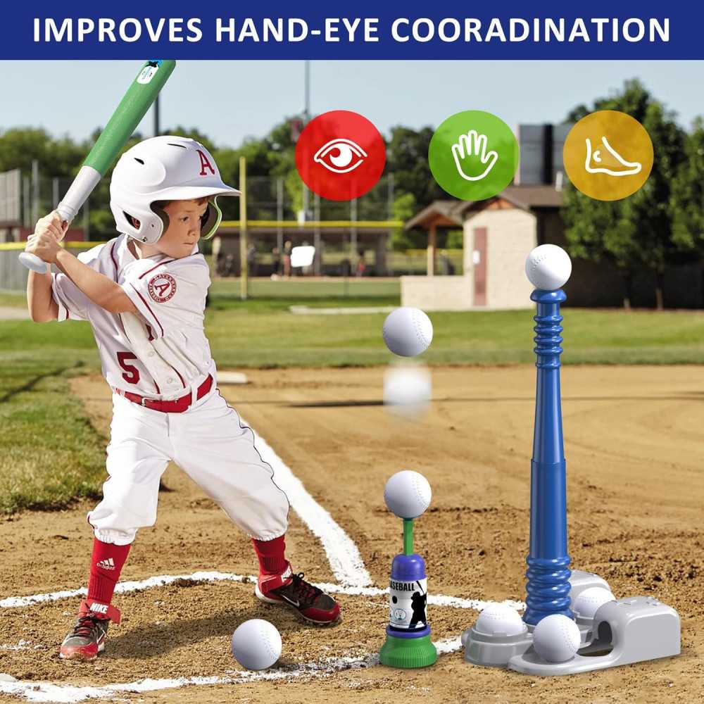 2-in-1 Tee Ball Set for Toddlers w/ Automatic Pitching Machine and Adjustable Bat