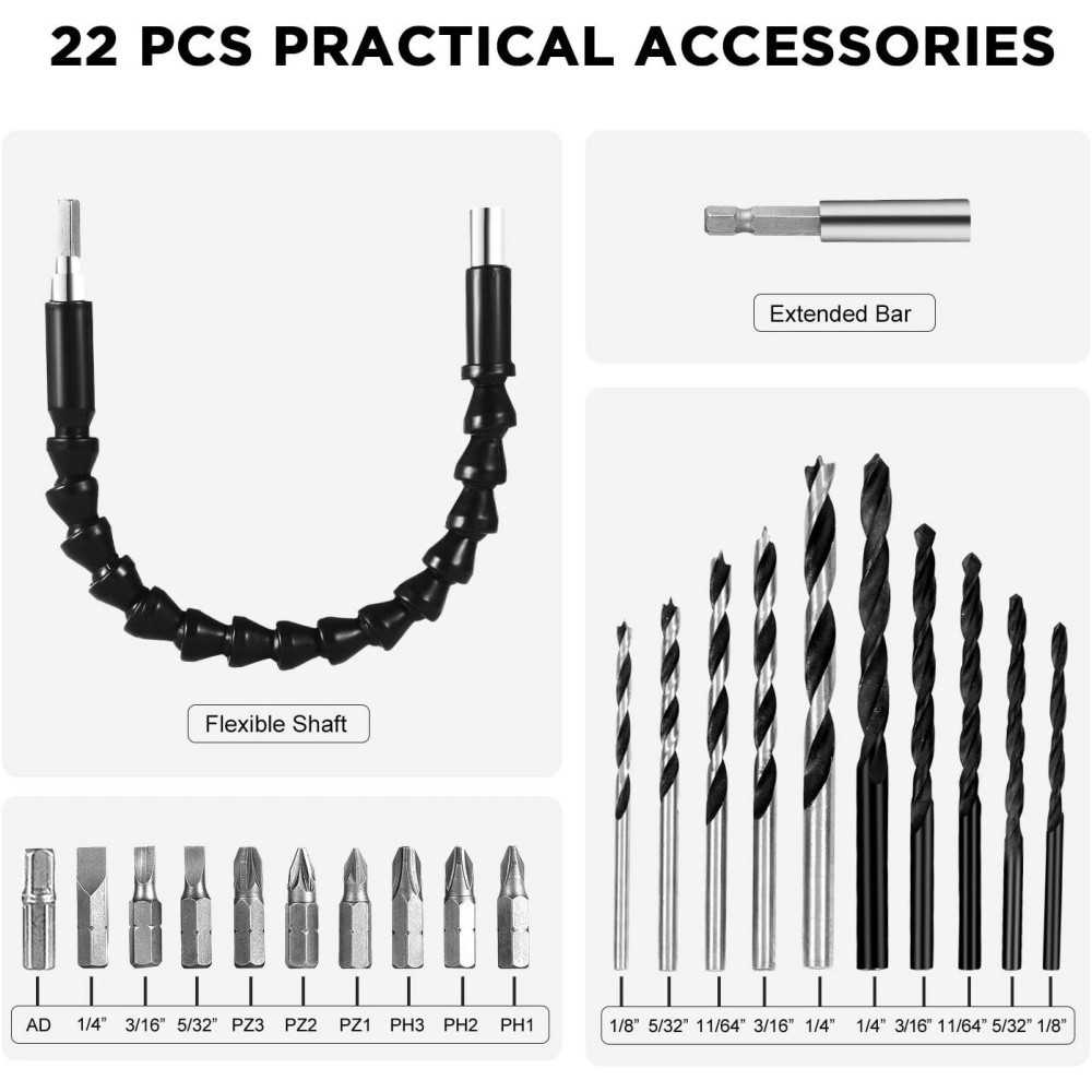 20V Cordless Drill Kit with Variable Speed and 22pcs Drill Bits