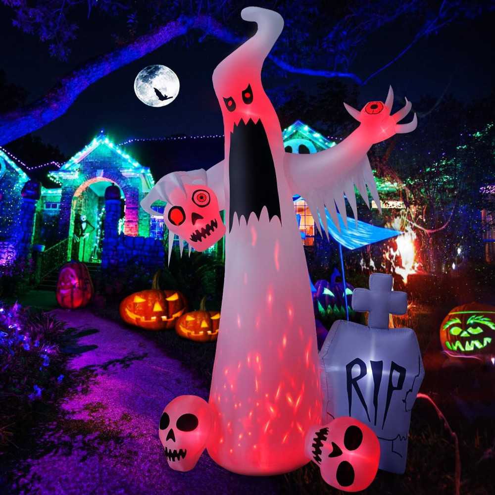 12 FT Halloween Inflatables Featuring Creepy White Ghost and Spooky Skull Tombstones Decoration