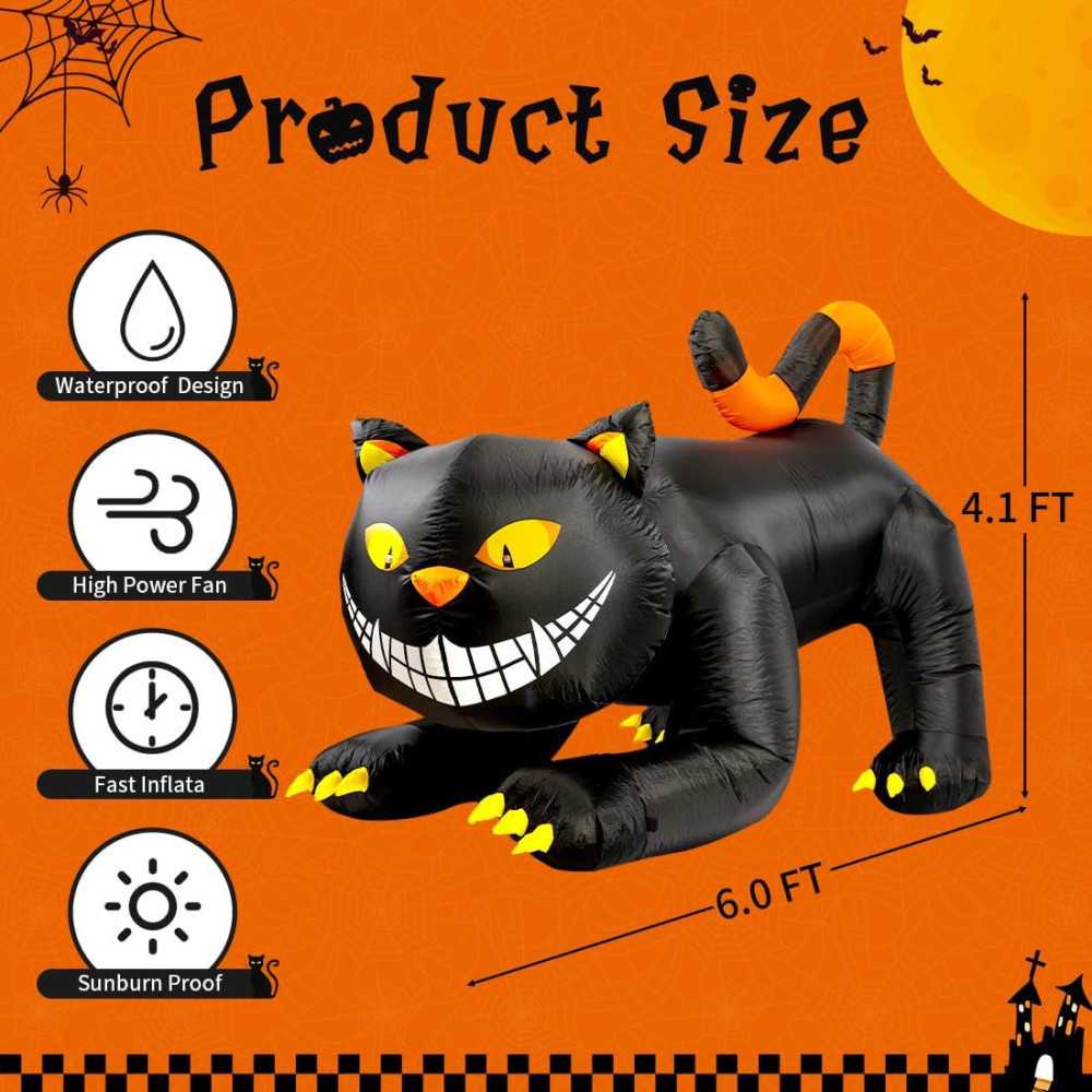 6 FT Black Cat Inflatable w/ Shaking Head and LED Lights Halloween Decoration