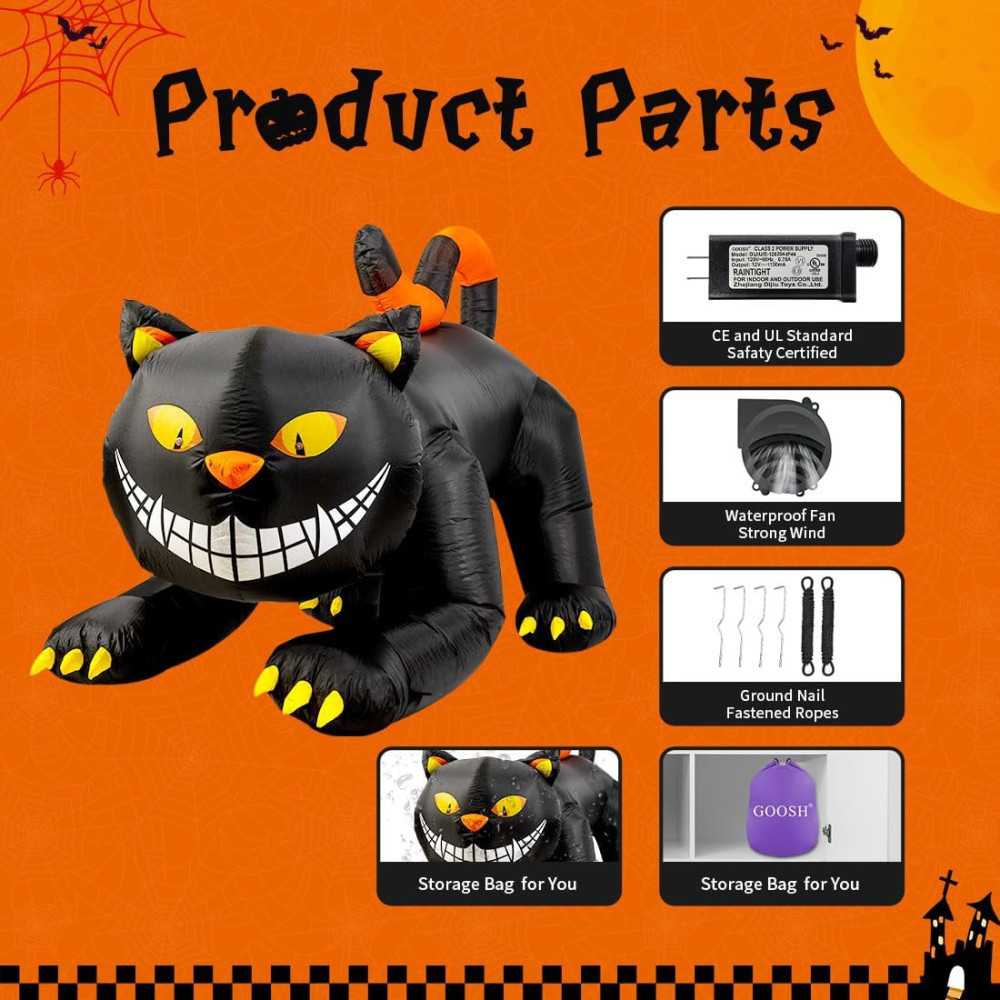 6 FT Black Cat Inflatable w/ Shaking Head and LED Lights Halloween Decoration