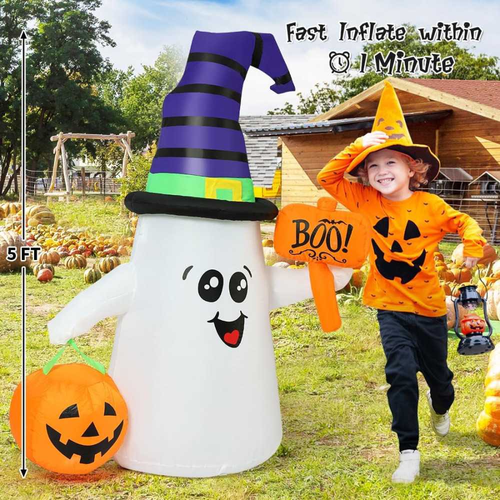 5 FT Wizard Ghost Inflatable w/ Glowing Pumpkin LEDs Halloween Decoration