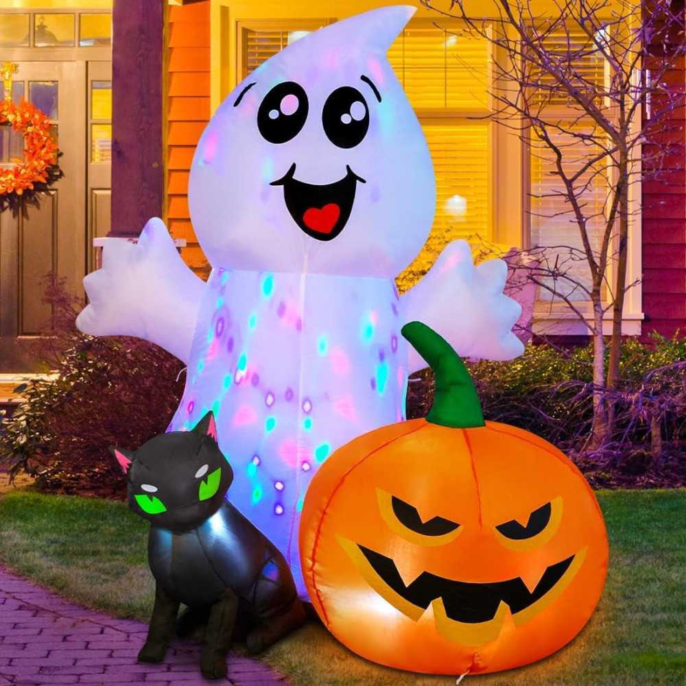 5 FT Ghost w/ Black Cat and Pumpkin Yard Halloween Inflatable Decoration