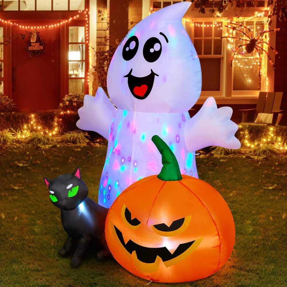 5 FT Ghost w/ Black Cat and Pumpkin Yard Halloween Inflatable Decoration