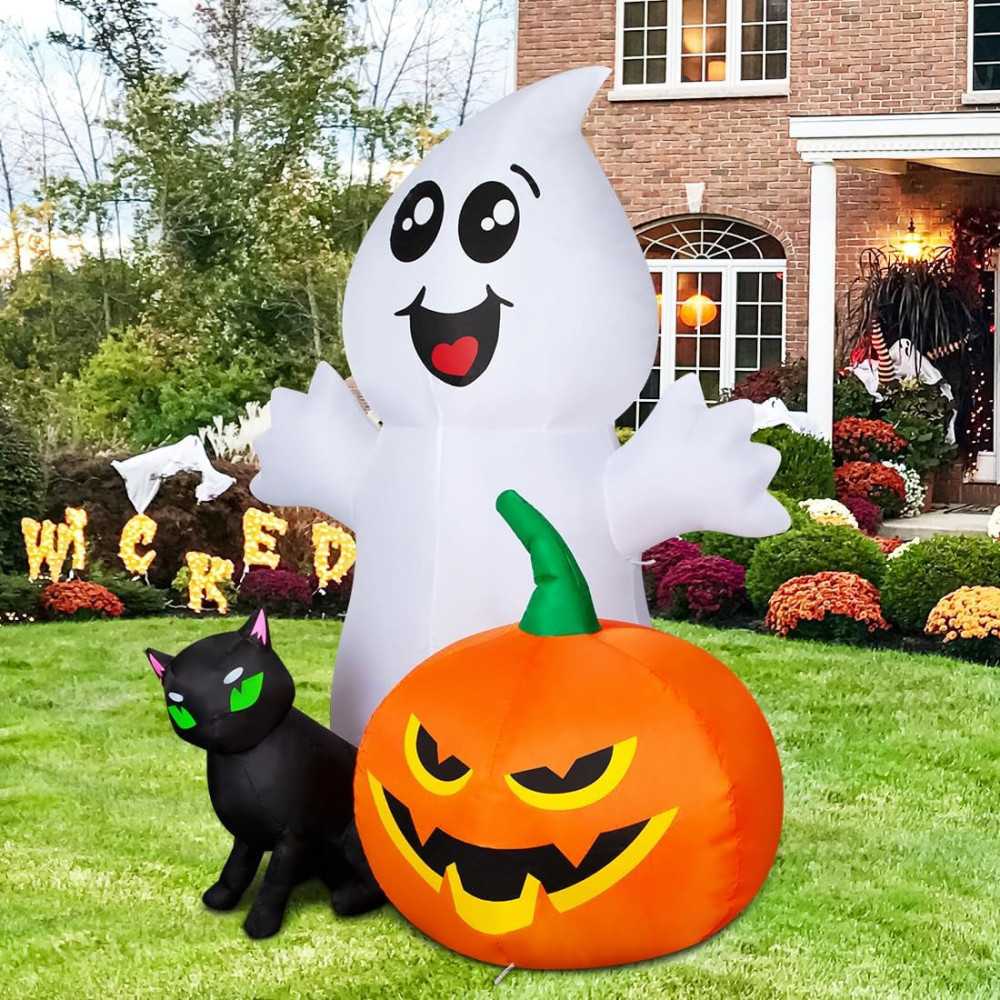 5 FT Ghost w/ Black Cat and Pumpkin Yard Halloween Inflatable Decoration