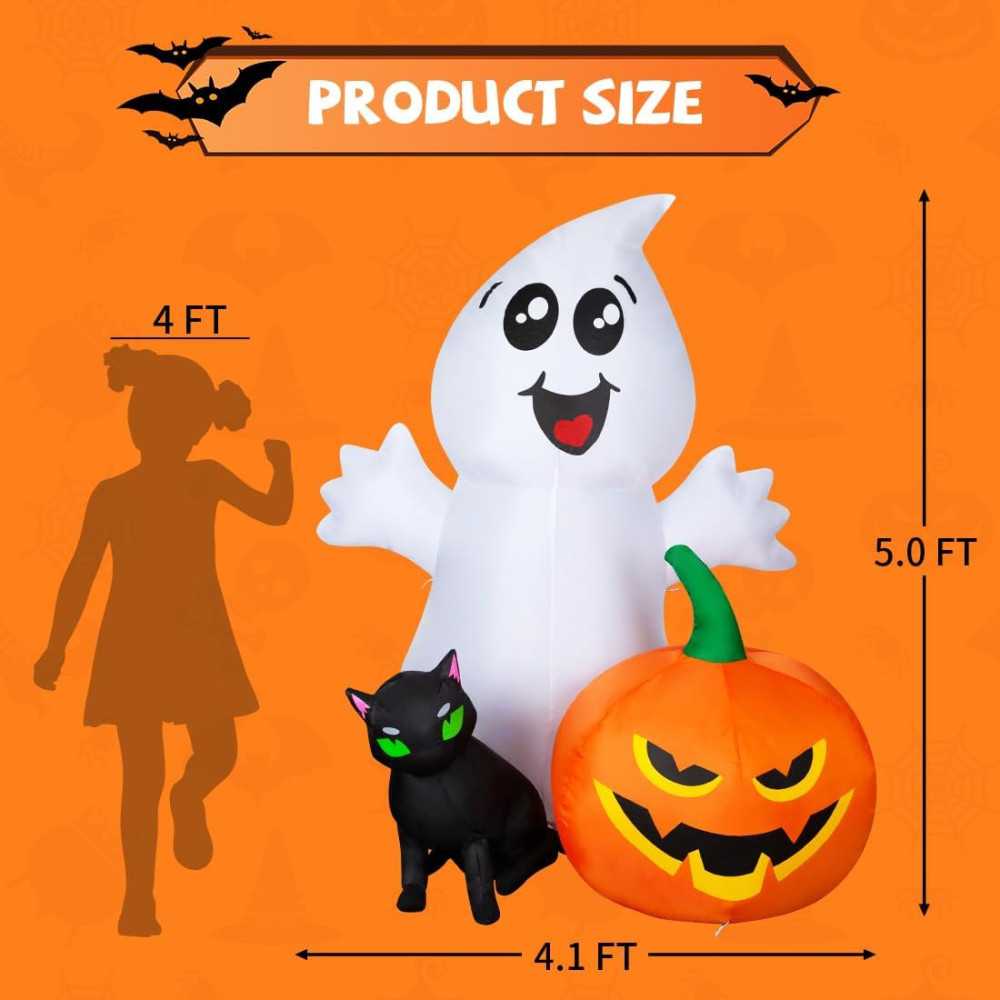 5 FT Ghost w/ Black Cat and Pumpkin Yard Halloween Inflatable Decoration