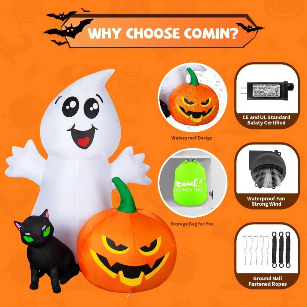 5 FT Ghost w/ Black Cat and Pumpkin Yard Halloween Inflatable Decoration