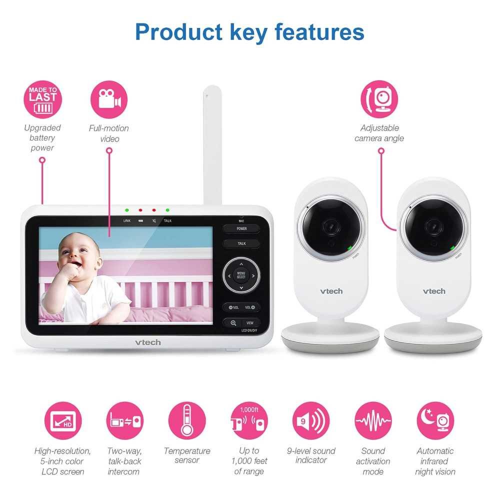 Baby Monitor with 5 inch Screen, 2 Cameras, 1000ft Range, Night Vision, 2-Way Audio, Lullabies, and Secure Transmission w/o WiFi | TekChoice Electronics