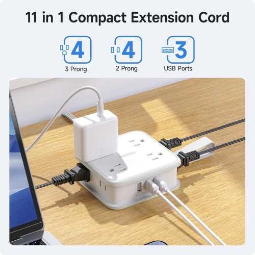 10FT Flat Extension Cord with 8 Outlets and 3 USB Ports | TekChoice Electronics