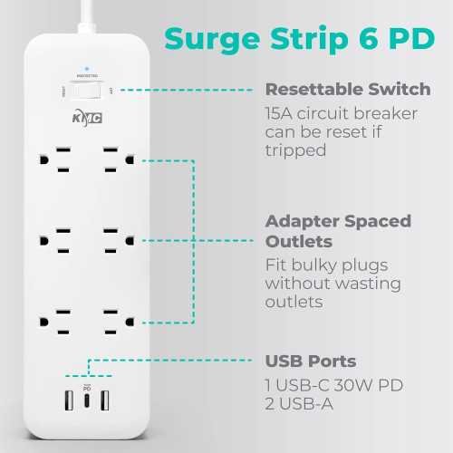 USB-C PD Surge Protector Power Strip: Safeguard Your Devices with 6 Outlets and Rapid Charging Technology | TekChoice Electronics