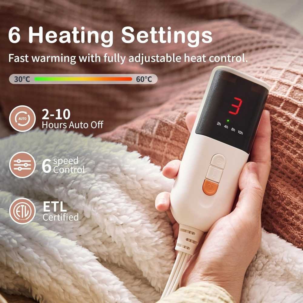 Fast-Heating, Single-Control Heated Blanket with 6 Levels & Auto Shut-Off Feature | TekChoice Electronics