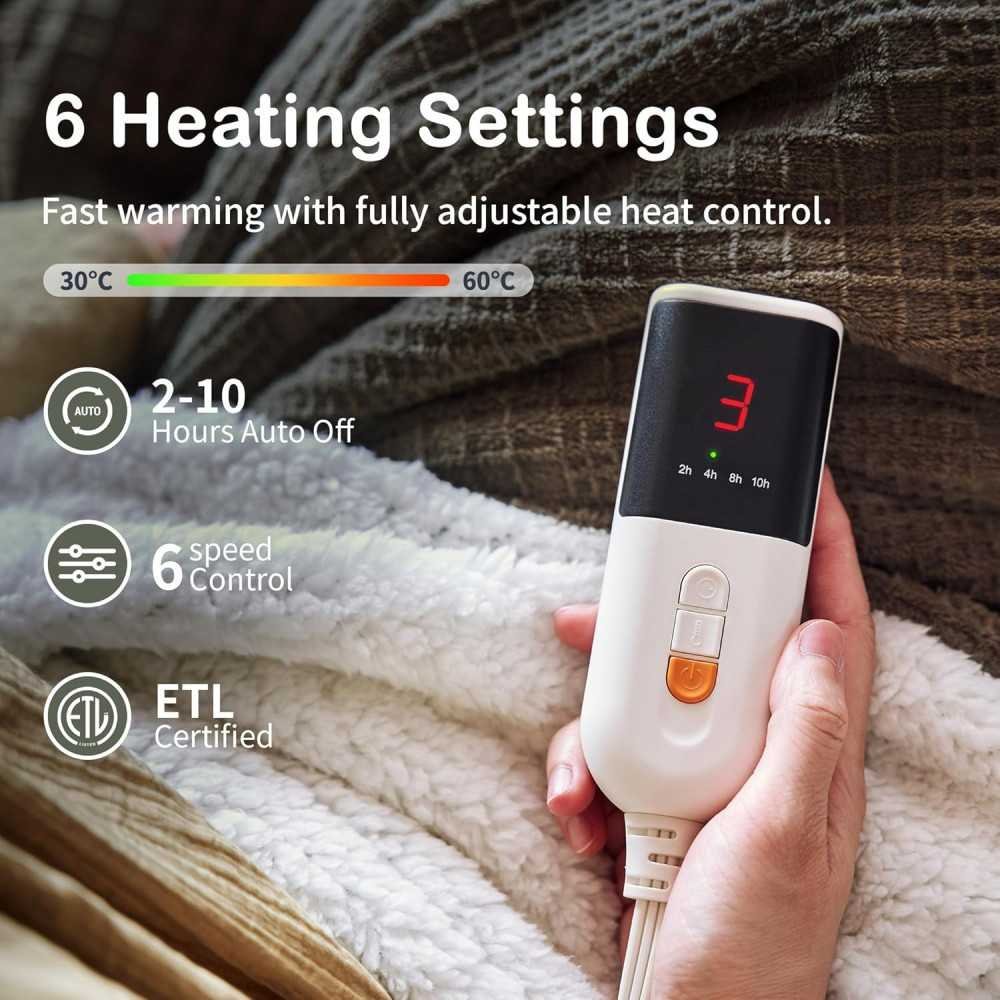 Fast-Heating, Single-Control Heated Blanket with 6 Levels & Auto Shut-Off Feature | TekChoice Electronics