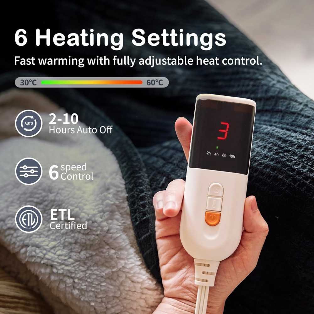 Fast-Heating, Single-Control Heated Blanket with 6 Levels & Auto Shut-Off Feature | TekChoice Electronics