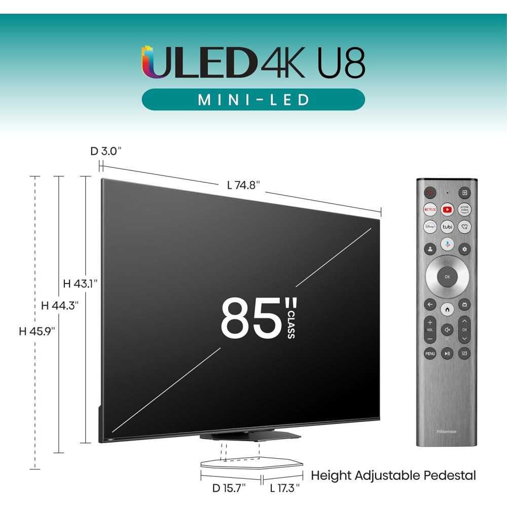 Hisense Class U8 Series 85U8N 2024 Model Smart TV w/ Mini-LED Technology, Native 144Hz, and Alexa Compatibility | TekChoice Electronics