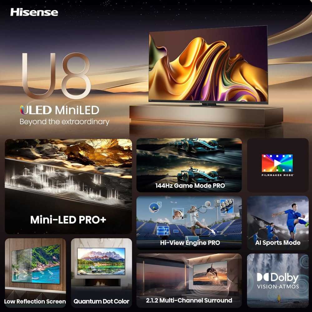 Hisense Class U8 Series 85U8N 2024 Model Smart TV w/ Mini-LED Technology, Native 144Hz, and Alexa Compatibility | TekChoice Electronics