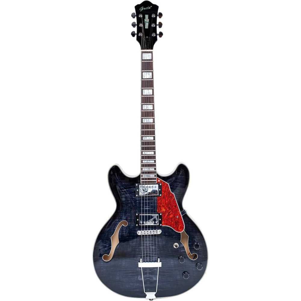 Electric Semi-Hollow Body Guitar featuring a Stylish Trapeze Tailpiece Bridge and a Protective Gig Bag | TekChoice Electronics