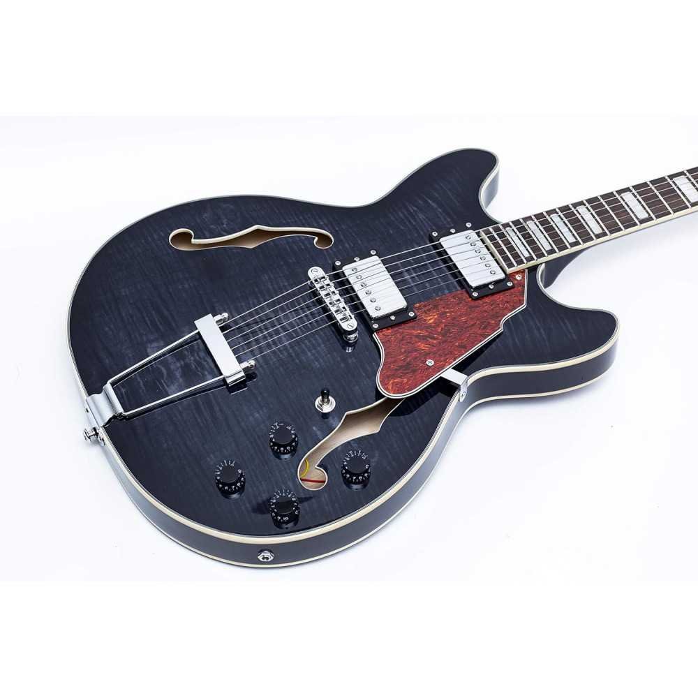 Electric Semi-Hollow Body Guitar featuring a Stylish Trapeze Tailpiece Bridge and a Protective Gig Bag | TekChoice Electronics