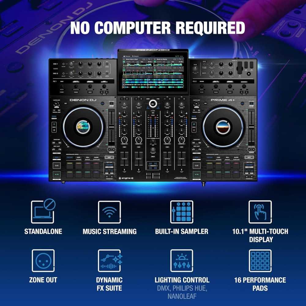 DJ PRIME 4+ Controller with Stem Separation on 4 Decks, Wi-Fi Streaming, Drop Sampler Mixer, 10.1 inch Touchscreen | TekChoice Electronics