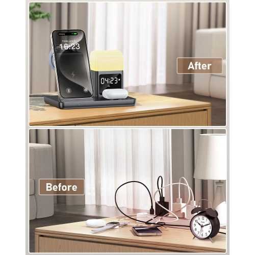 6-in-1 Wireless Charging Station for iPhone Devices with Alarm Clock and Night Light | TekChoice Electronics