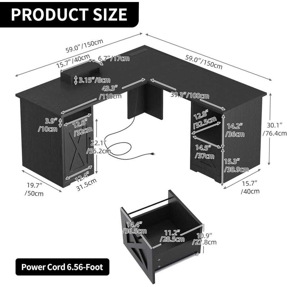 L-Shaped Desk with Power Outlets, File Drawer, and Storage | TekChoice Electronics