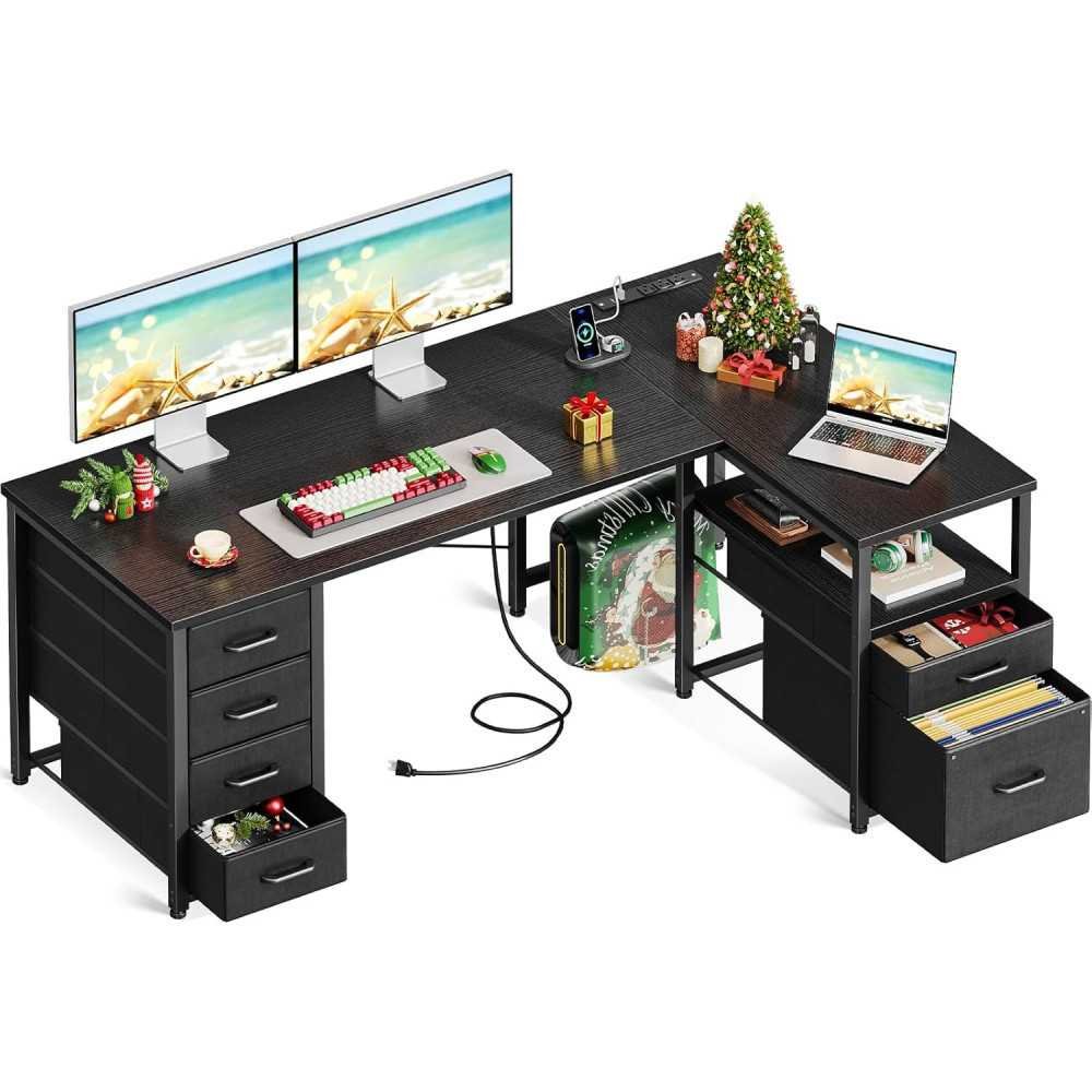 L-Shaped Home Office Desk with 6 Drawers, Power Outlet, and Reversible Storage Shelf | TekChoice Electronics