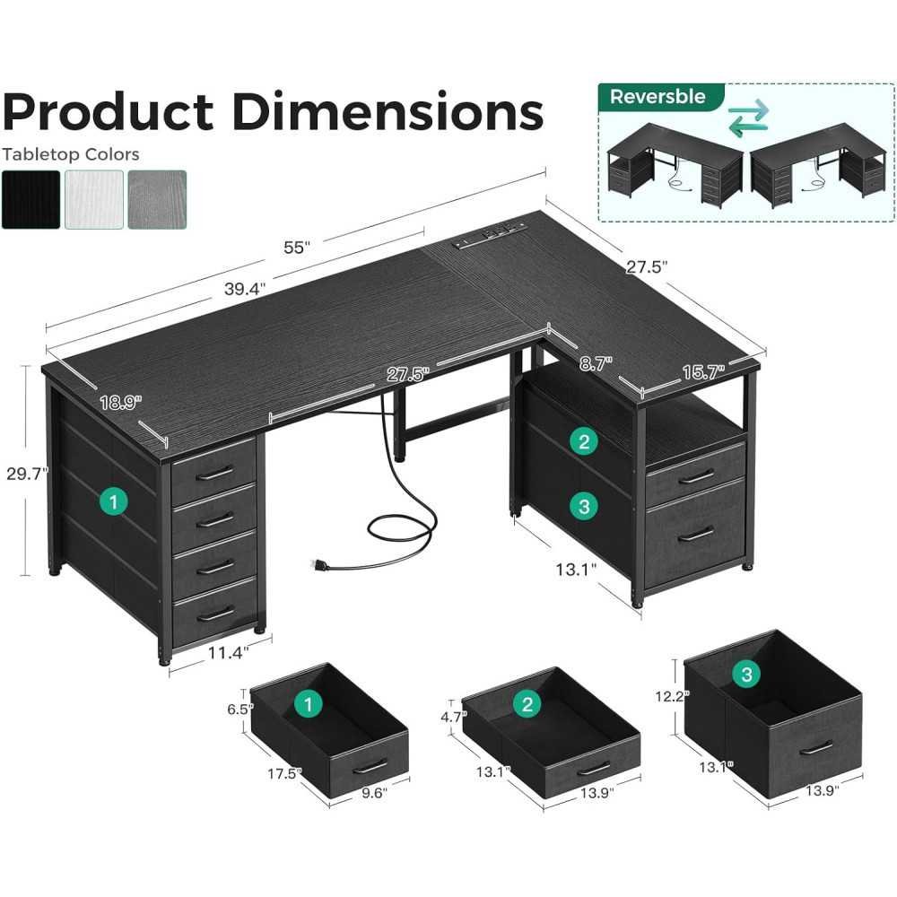 L-Shaped Home Office Desk with 6 Drawers, Power Outlet, and Reversible Storage Shelf | TekChoice Electronics