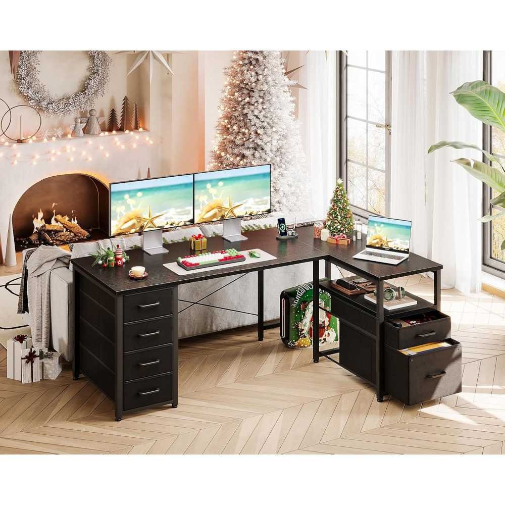 L-Shaped Home Office Desk with 6 Drawers, Power Outlet, and Reversible Storage Shelf | TekChoice Electronics