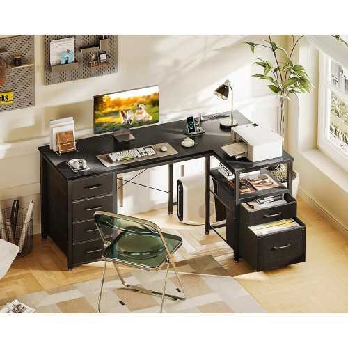 L-Shaped Home Office Desk with 6 Drawers, Power Outlet, and Reversible Storage Shelf | TekChoice Electronics