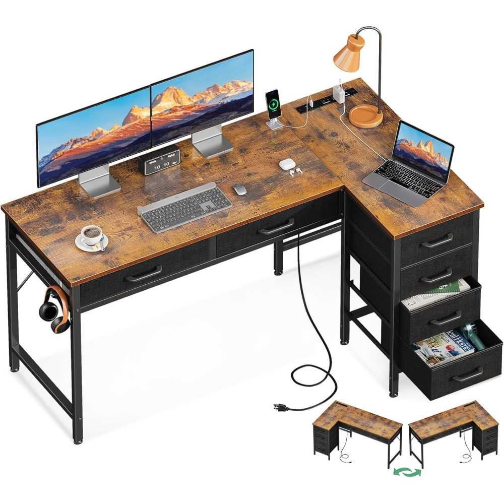 L-Shaped Desk for Small Spaces with Power Outlets & 6 Drawers | TekChoice Electronics