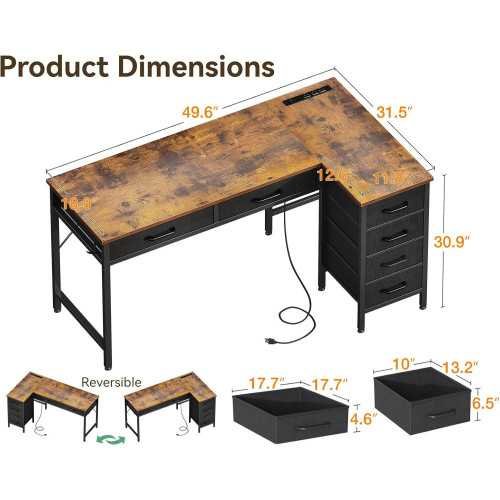 L-Shaped Desk for Small Spaces with Power Outlets & 6 Drawers | TekChoice Electronics