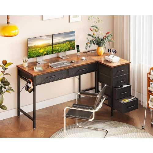 L-Shaped Desk for Small Spaces with Power Outlets & 6 Drawers | TekChoice Electronics